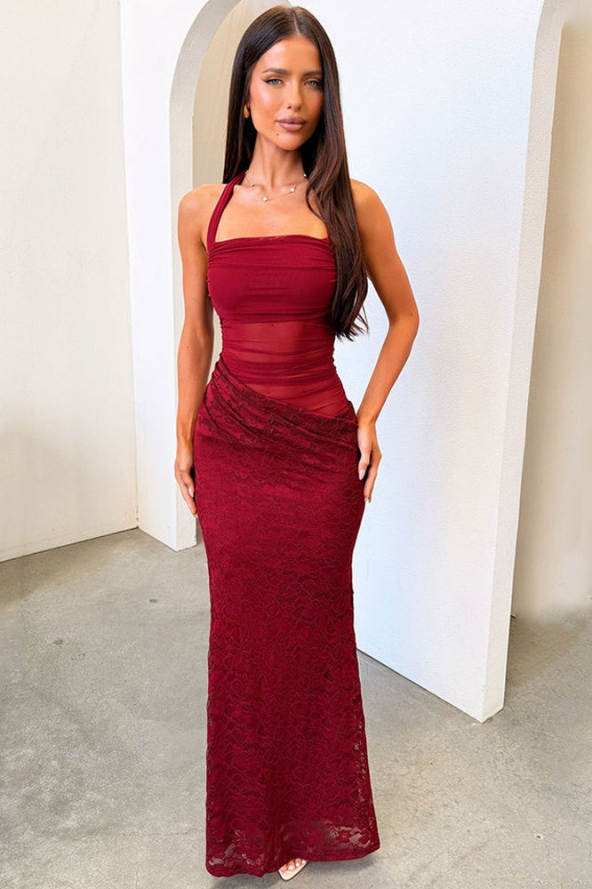 Backless Halter-Neck Lace Sheer Mesh Dress