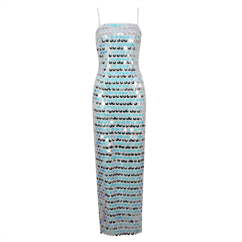 Sequin Spaghetti Strap Column Bodycon Maxi Cocktail Dress - View 5