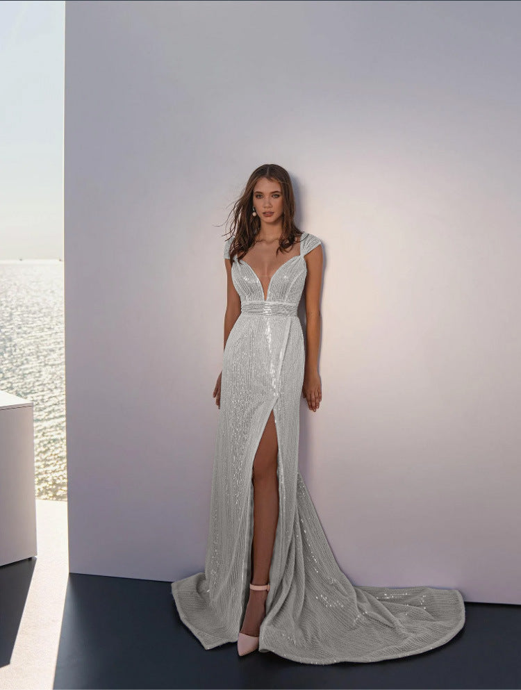 Sequin Deep V-Neck Wrap Waist High Split Train Maxi Gown - View 7