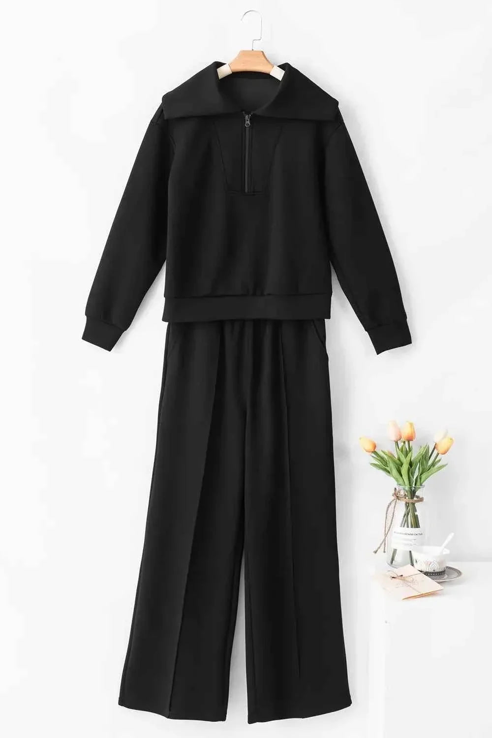 Solid Zip Sailor Collar Pullover Sweatpants Set
