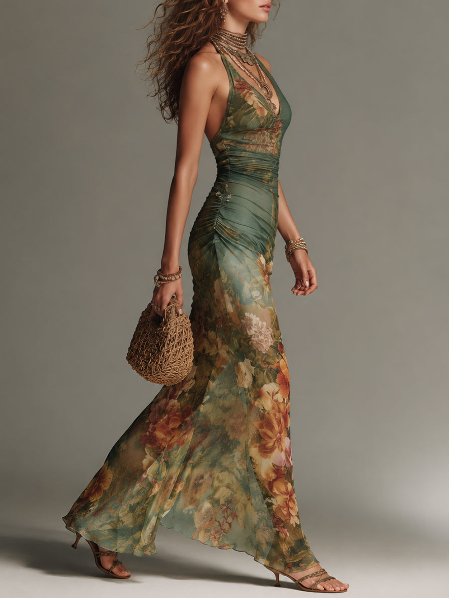 Floral Print Halter Neck Ruched Mesh Maxi Dress 3