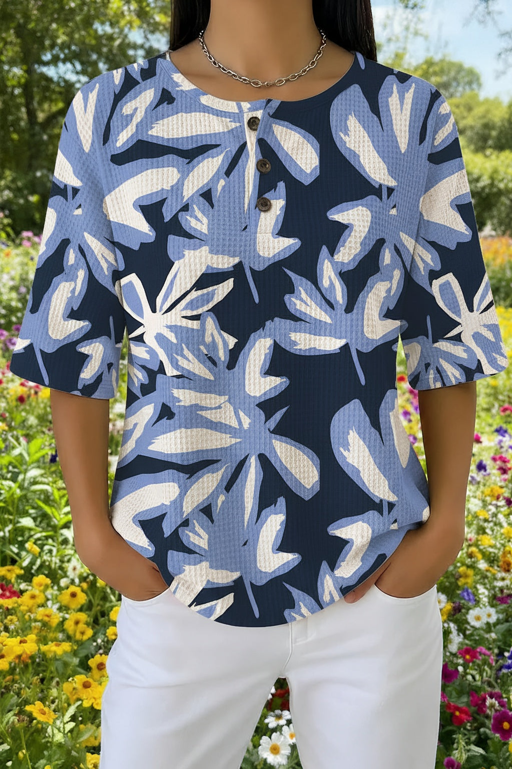 Tropical Leaf Print Waffle Knit Short Sleeve Henley Top