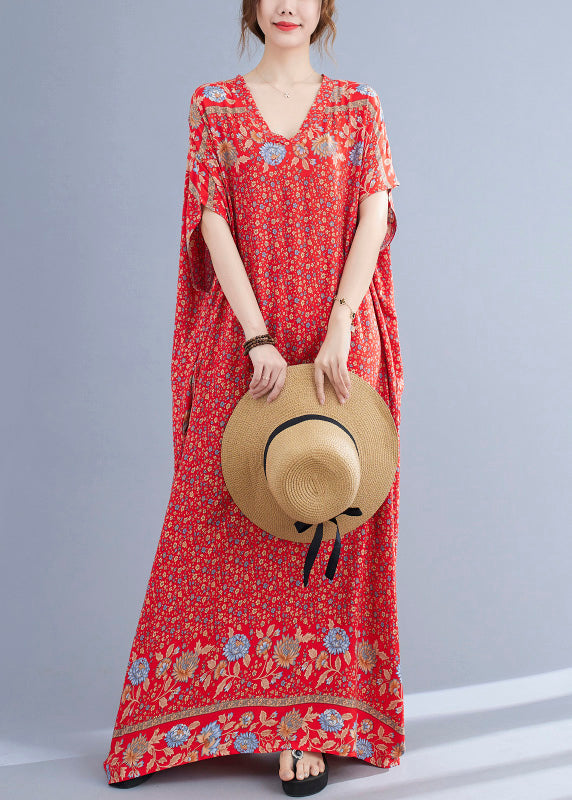 Floral Border Print V-Neck Drop Shoulder Short Sleeve Loose Maxi Dress - View 3