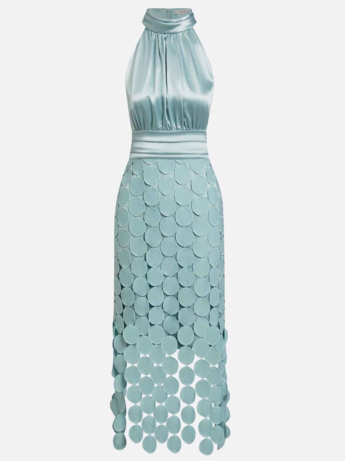 Halter Neck Ruched Laser Cut Disc Satin Midi Dress 11