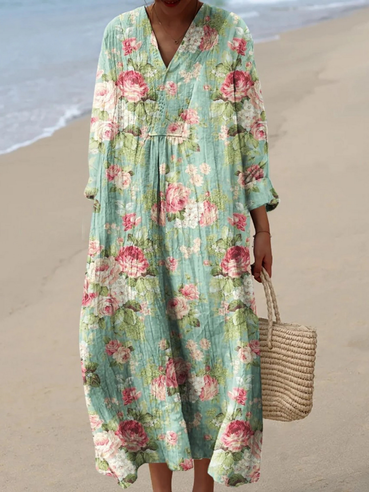 Rose Floral V-Neck Long Sleeve Maxi Dress