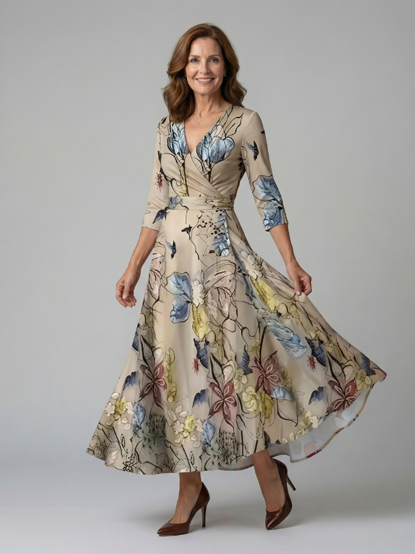 Floral V-Neck Wrap Three Quarter Sleeve Satin Maxi Dress 3