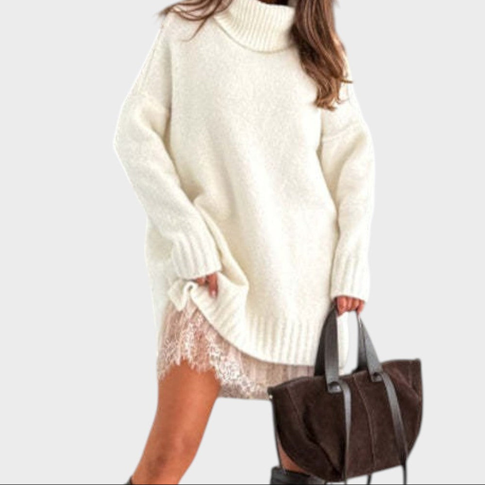 Turtleneck Oversized Sweater and Lace Slip Dress Two Piece Set 4