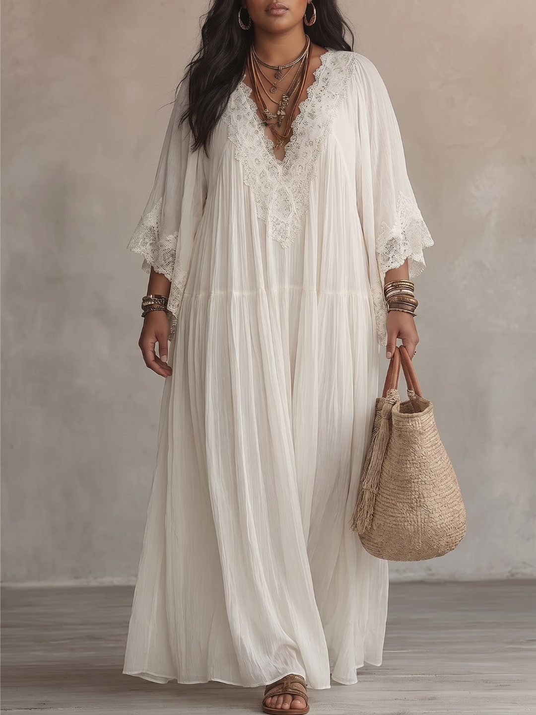 Lace Trim V-Neck Long Sleeve Boho Flowy Maxi Dress 2