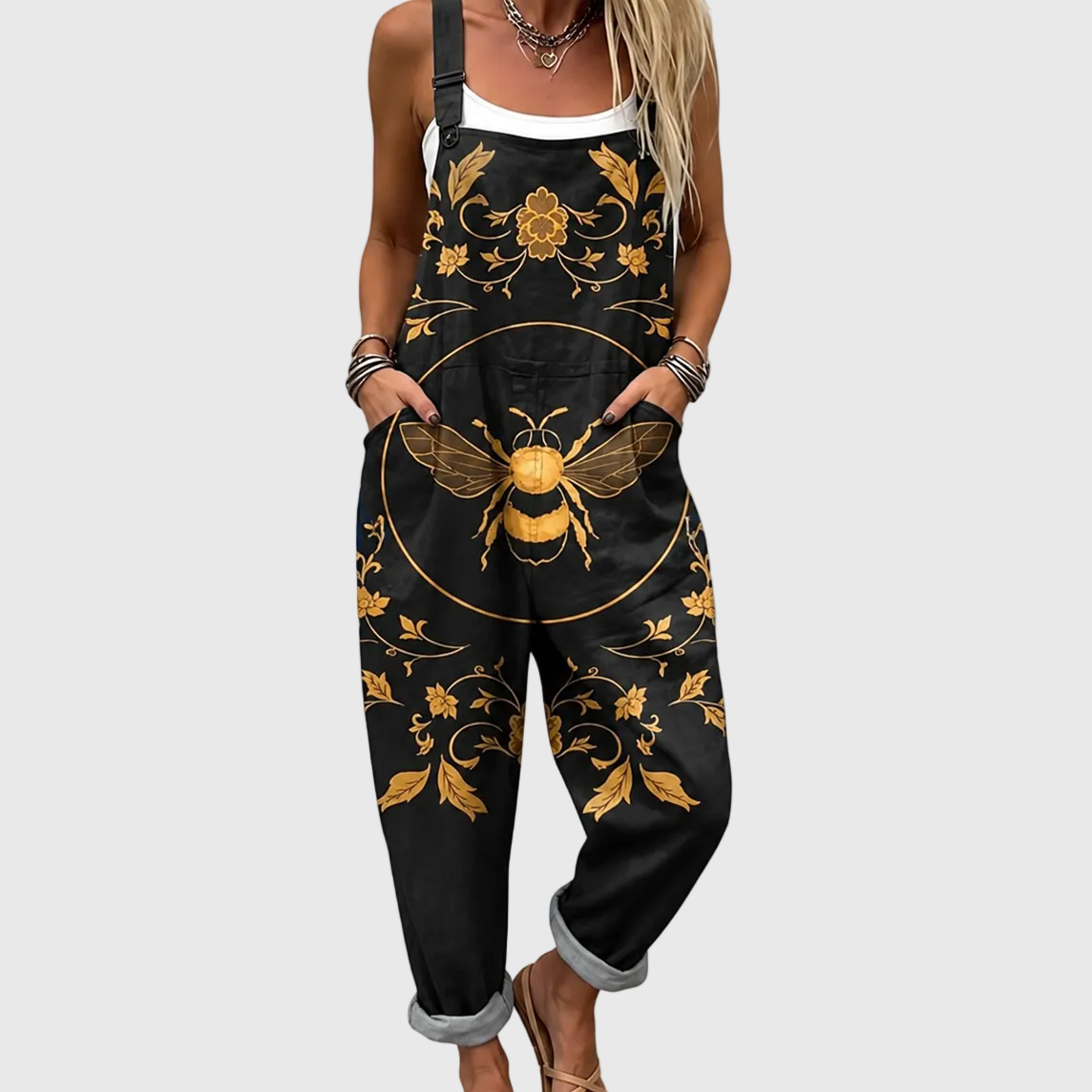 Bee Print Sleeveless Cuffed Wide Leg Overall Jumpsuit