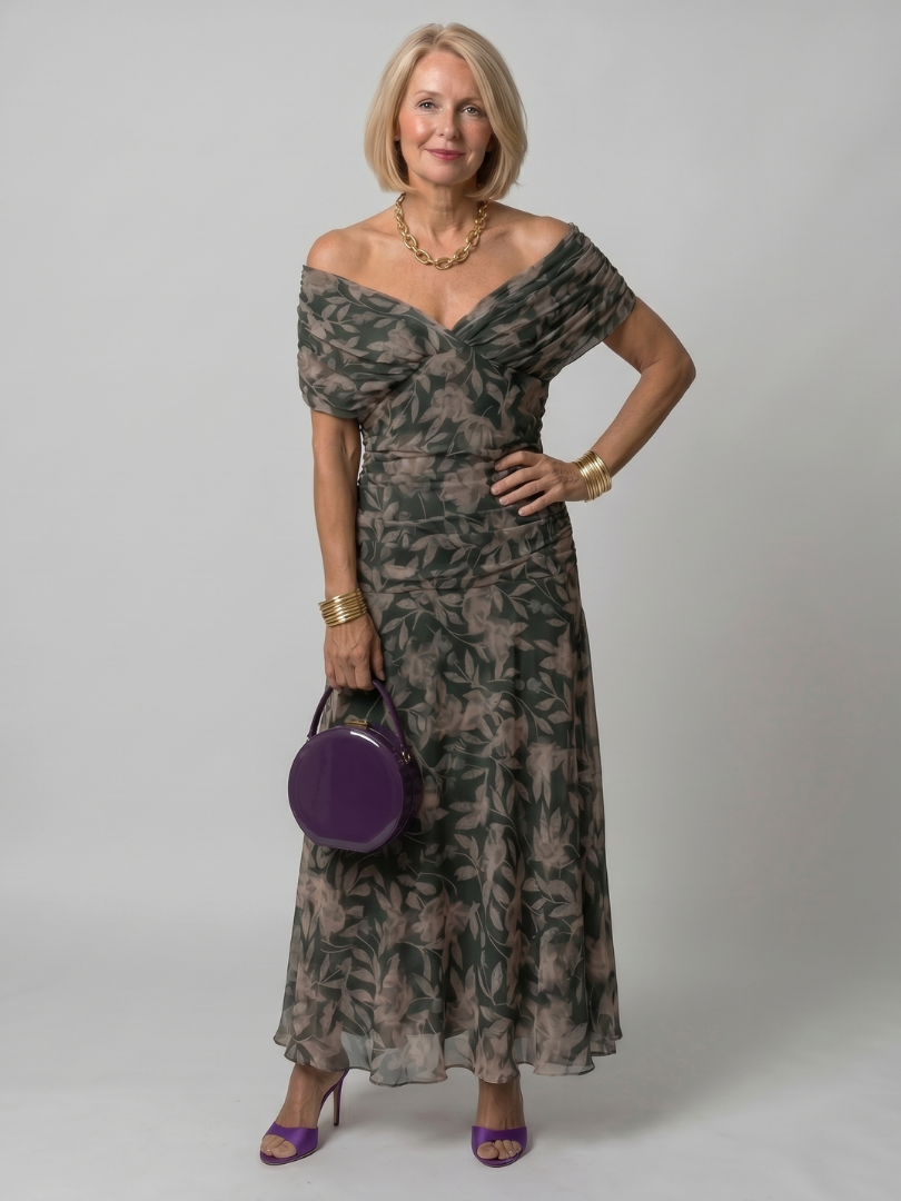 Floral Off Shoulder Ruched Chiffon Maxi Dress 5