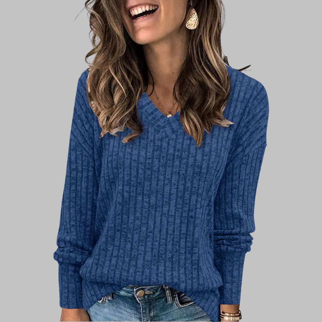 V-Neck Long Sleeve Ribbed Knit Sweater 3