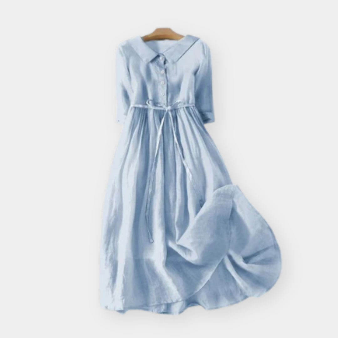 Collared Half Sleeve Tie Waist Linen Look Midi Dress