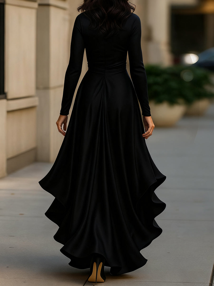 Deep V-Neck Long Sleeve Ruffle Wrap Satin Maxi Dress 6