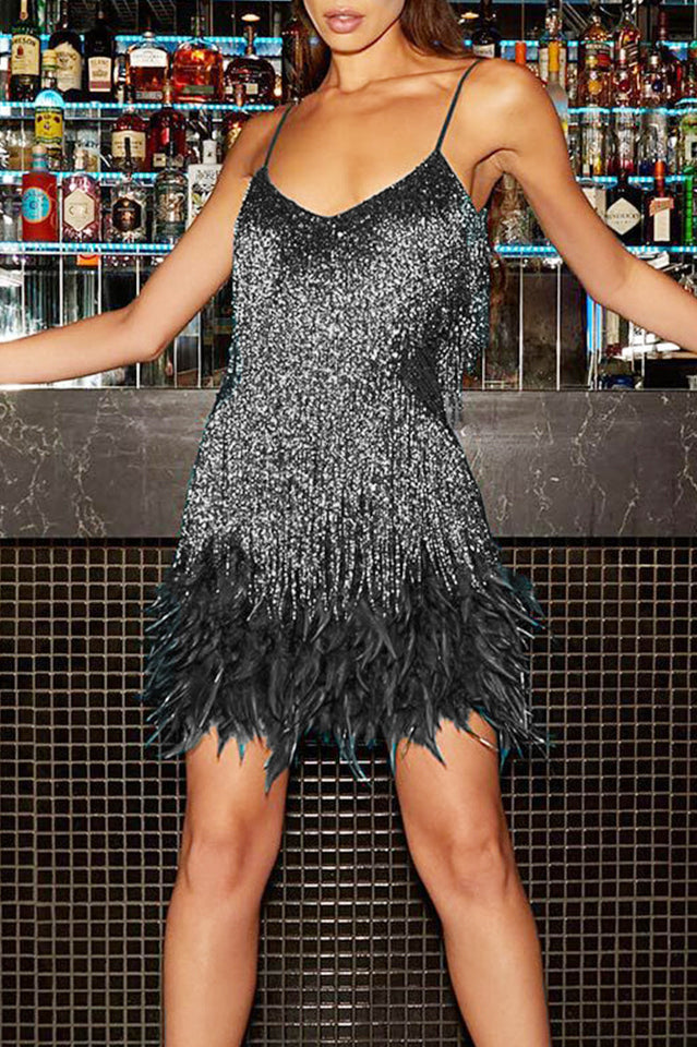 Yvonne Sequin Feather Cocktail Dress 29