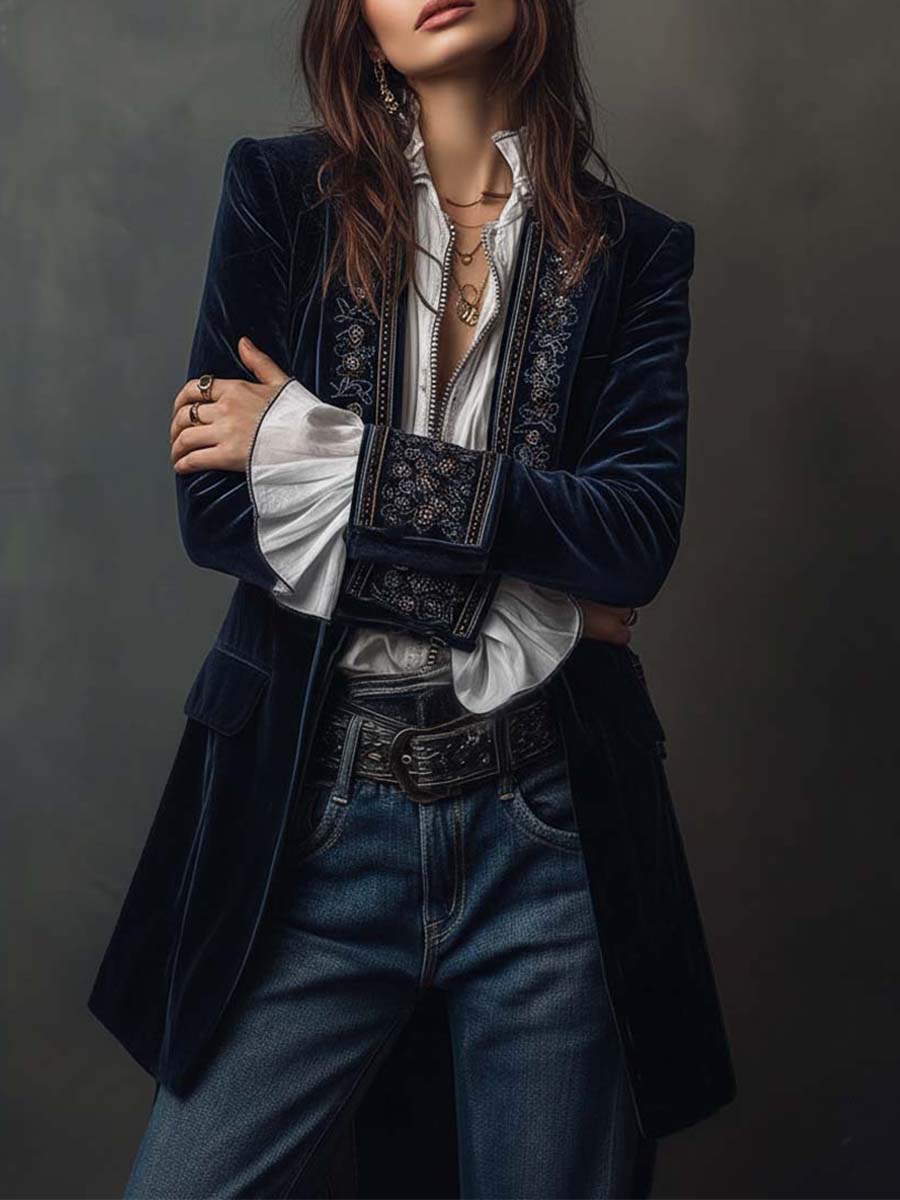 Embroidered Velvet Stand Collar Longline Jacket 2