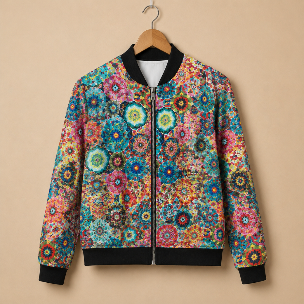 Cat and Music Print Zip Front Bomber Jacket 12