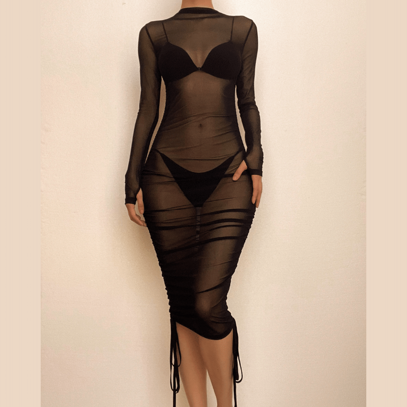 Crewneck long sleeve drawstring sheer mesh see through midi dress - View 2