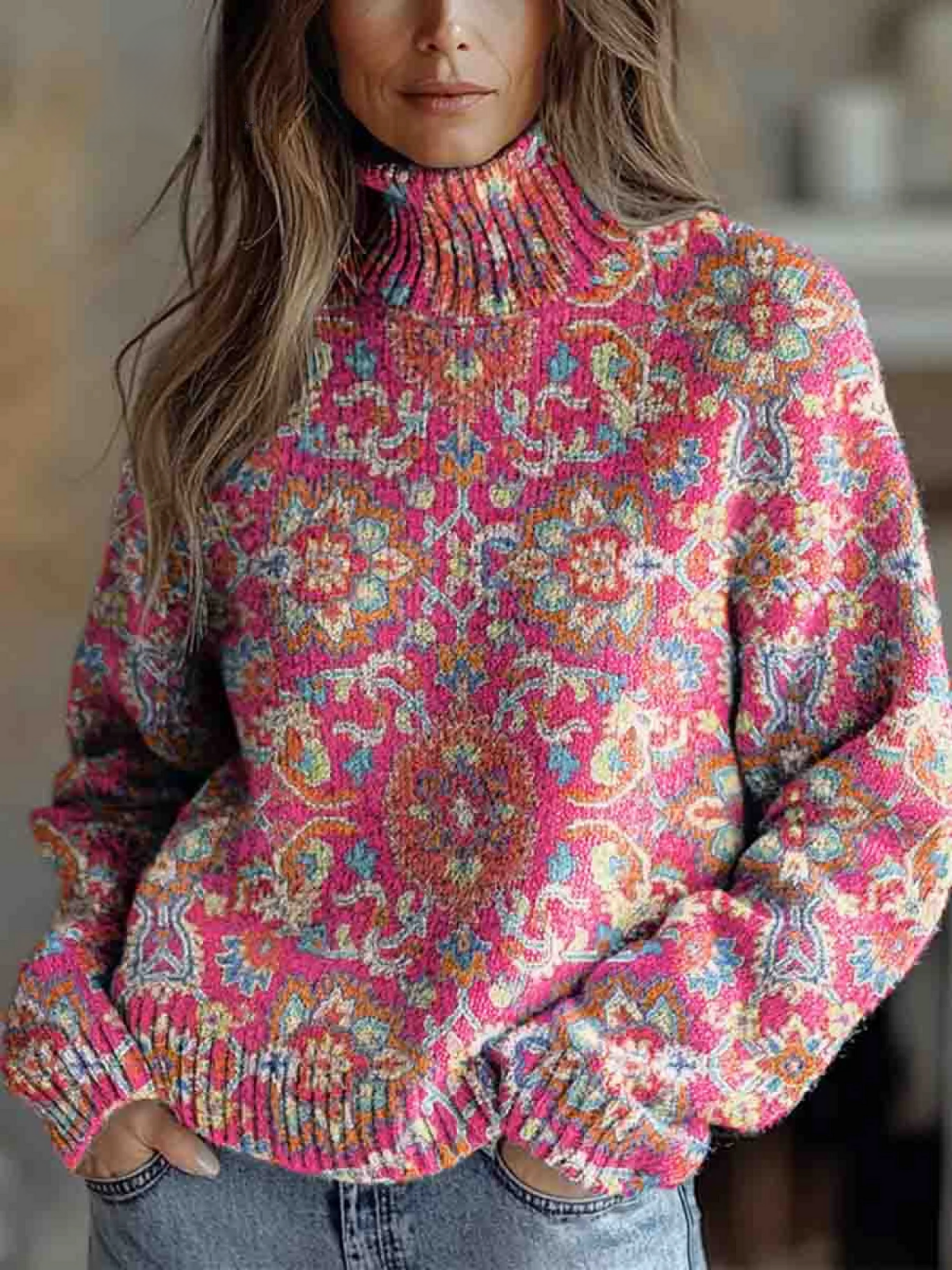 Turtleneck Long Sleeve Medallion Print Knit Sweater