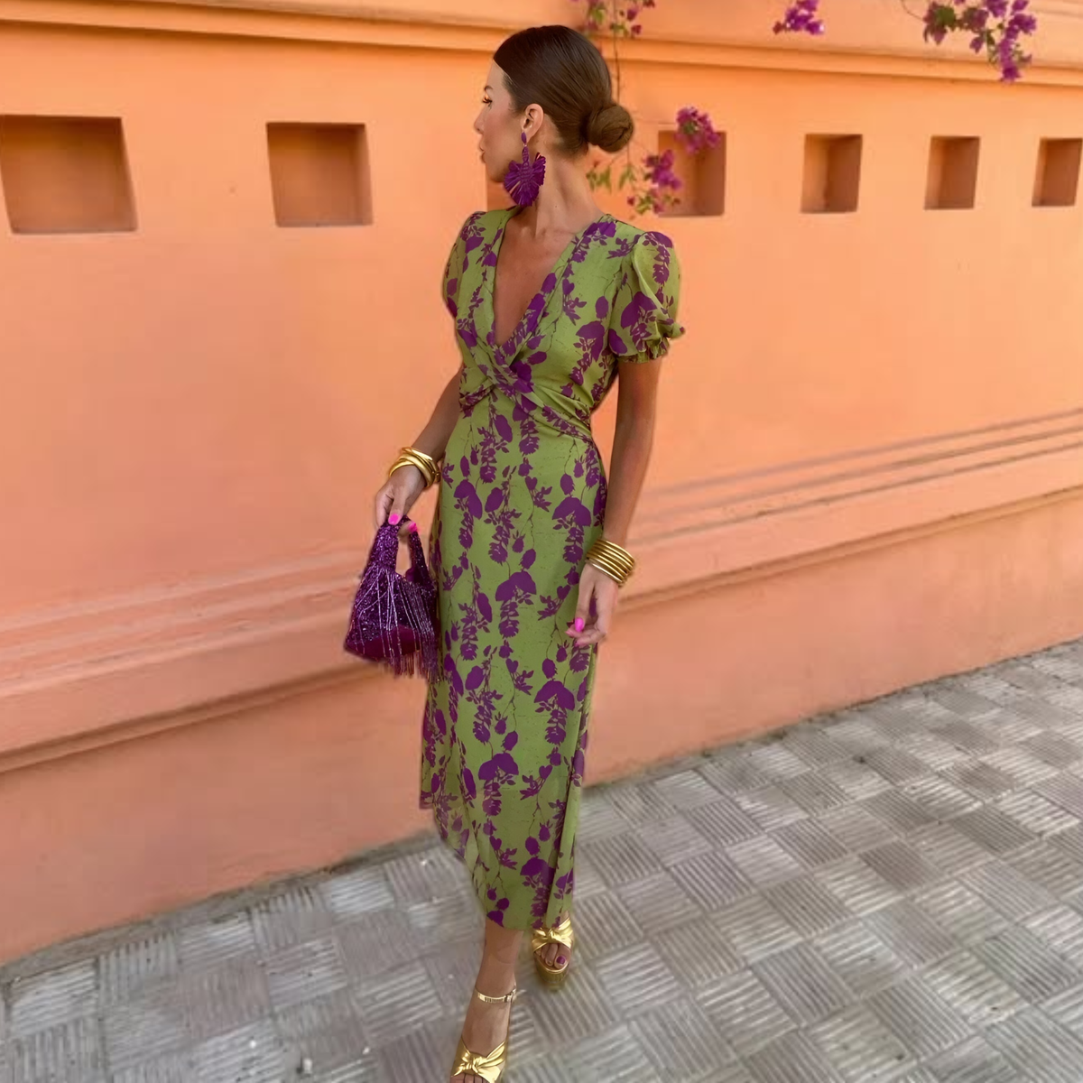 Floral Print V-Neck Puff Sleeve Wrap Midi Dress 2