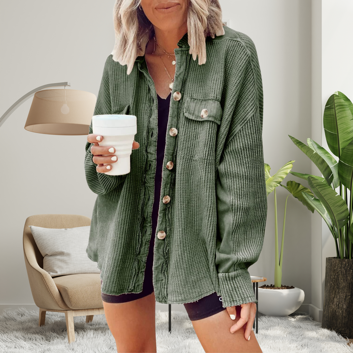 Waffle Knit Drop Shoulder Button Down Shacket 10