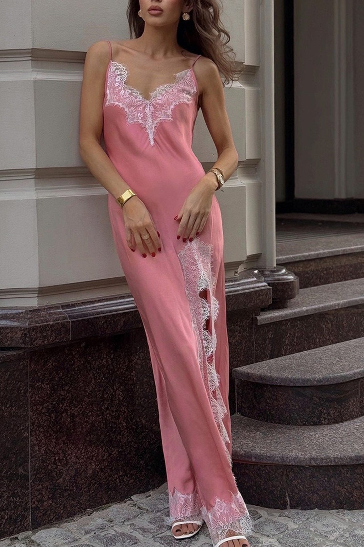 Satin Lace Trim Deep V-Neck Spaghetti Strap High Split Slip Maxi Dress