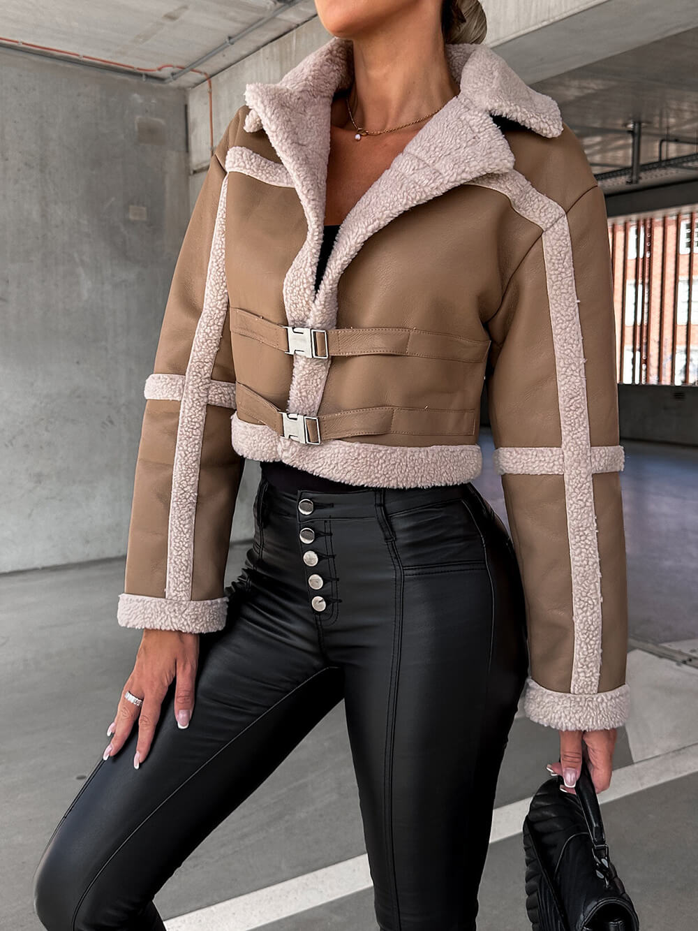 Faux Leather Fleece Trim Belted Cropped Aviator Jacket 6