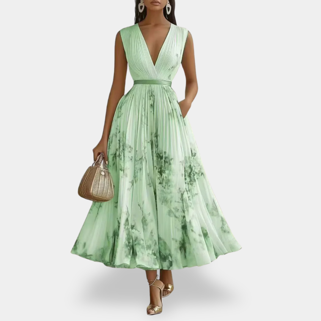 Marble Print Deep V-Neck Pleated Belted Sleeveless Midi Dress