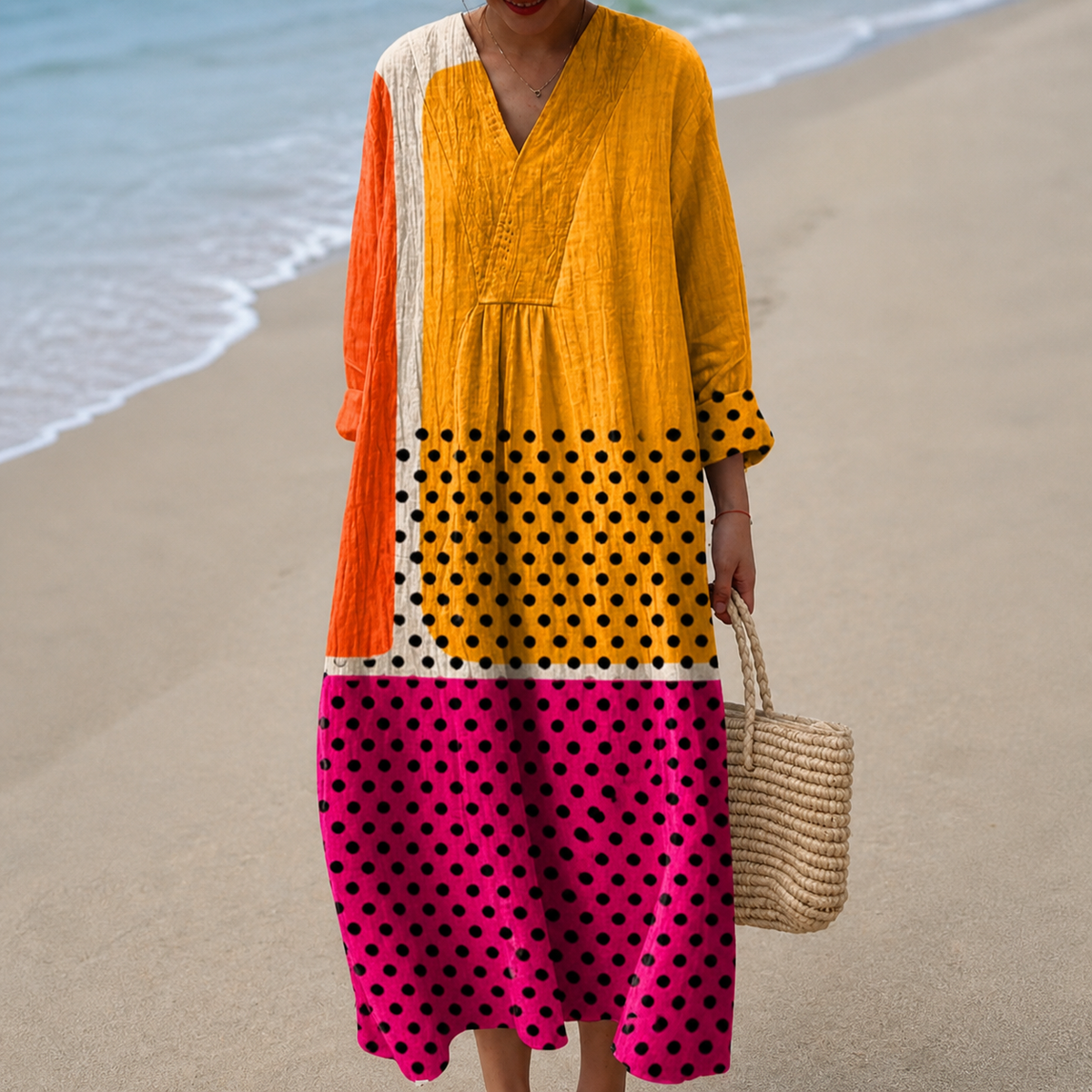 Colorblock Polka Dot V-Neck Long Sleeve Maxi Dress