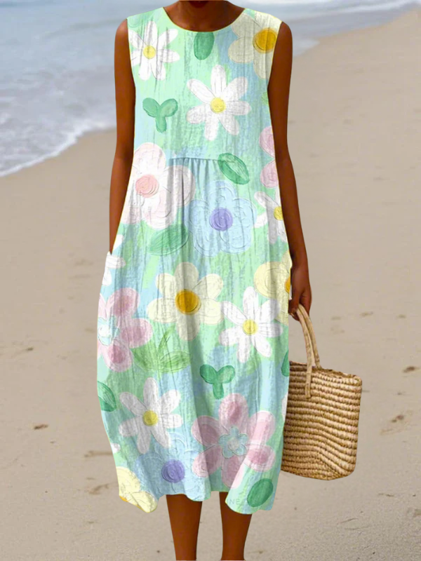 Daisy Floral Sleeveless Pocket Midi Dress