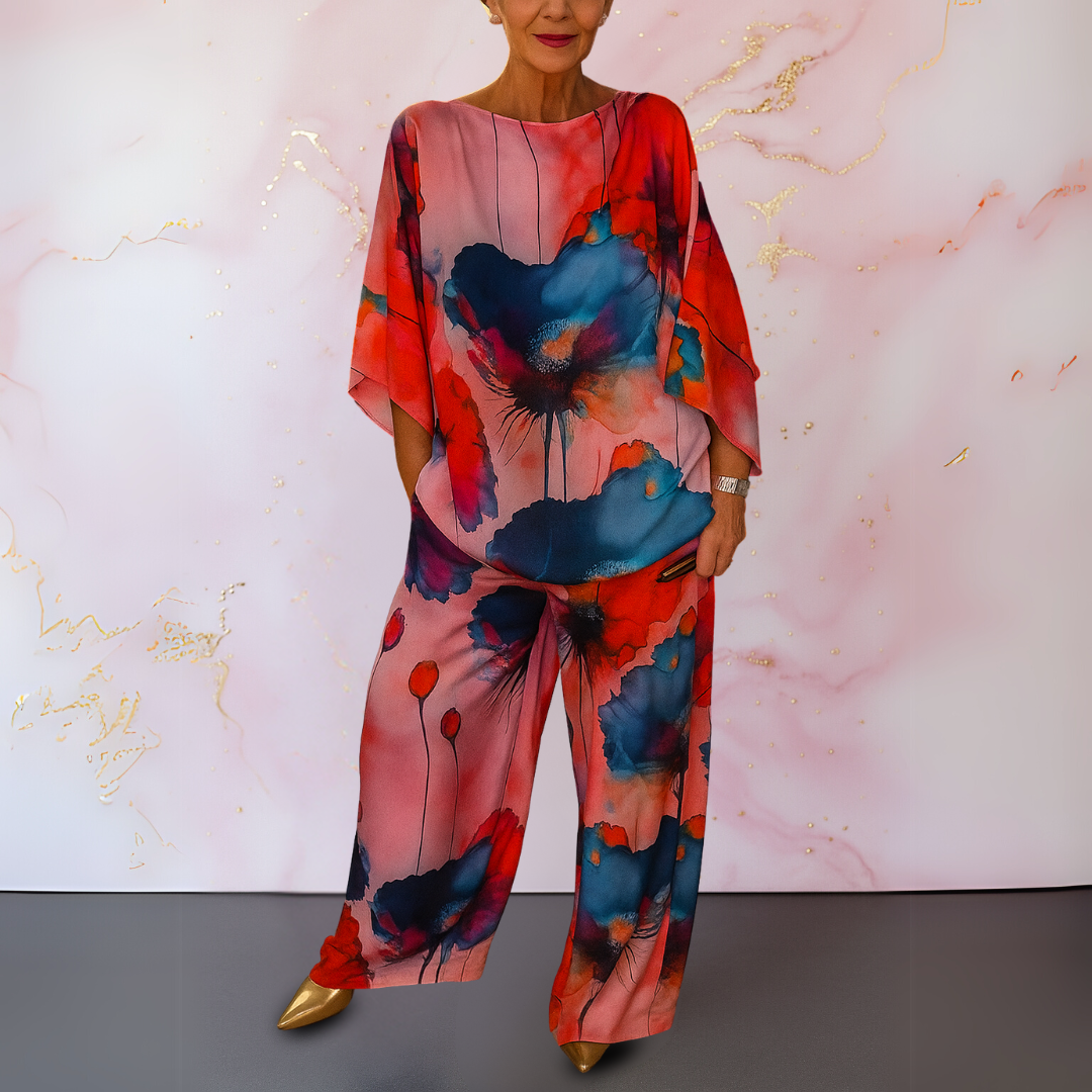 Watercolor Floral Batwing Top and Wide Leg Pants Two Piece Set 6