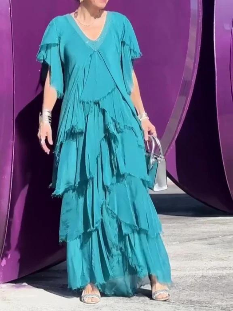 V-Neck Flutter Sleeve Tiered Ruffle Maxi Dress 10