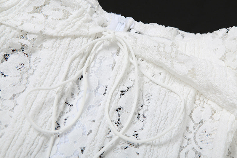 Off Shoulder Lace Bell Sleeve Ribbon Tie Bodycon Mini Dress - View 11