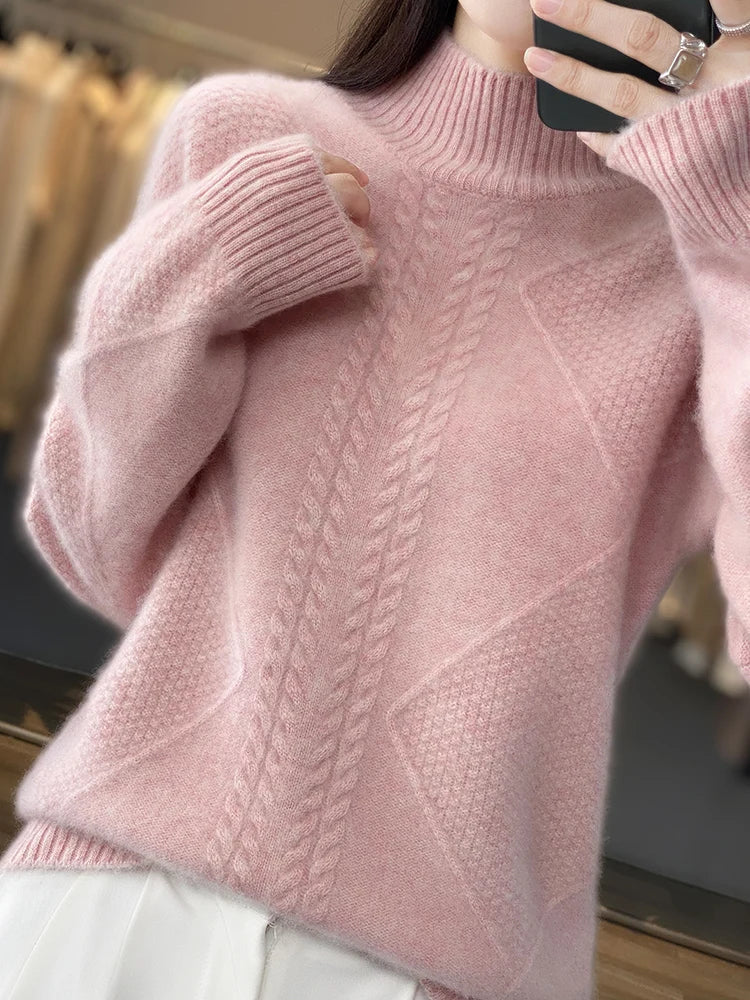Mock Neck Long Sleeve Cable Knit Sweater 2