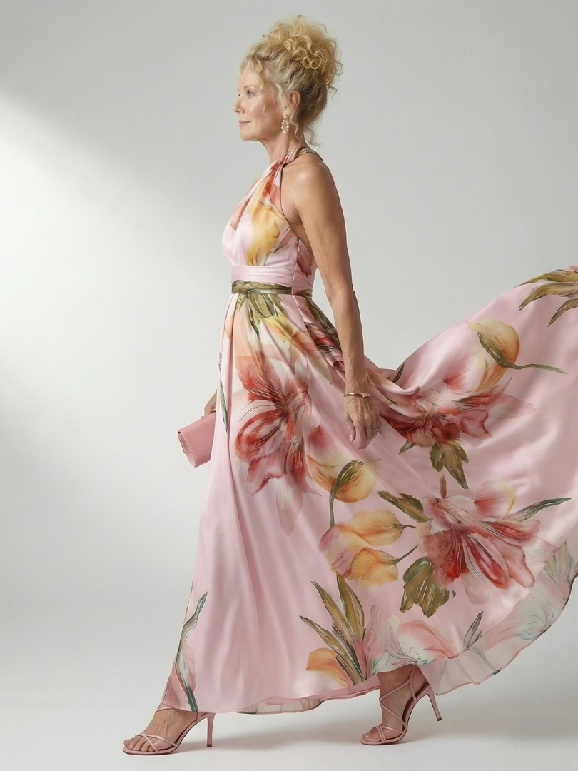 Floral Print One Shoulder Satin Maxi Dress 9