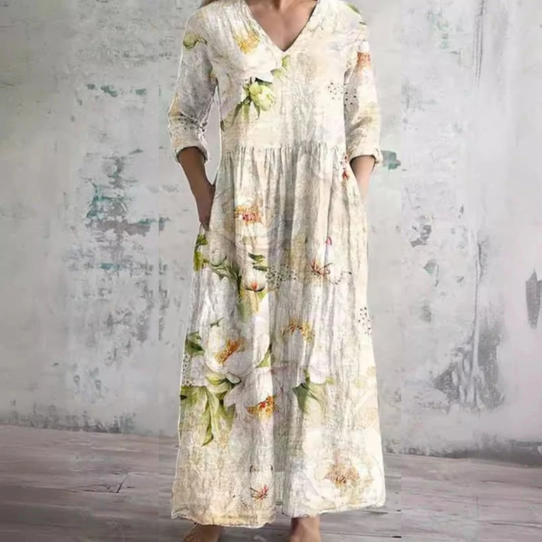 Floral V-Neck Tiered Pocket Maxi Dress
