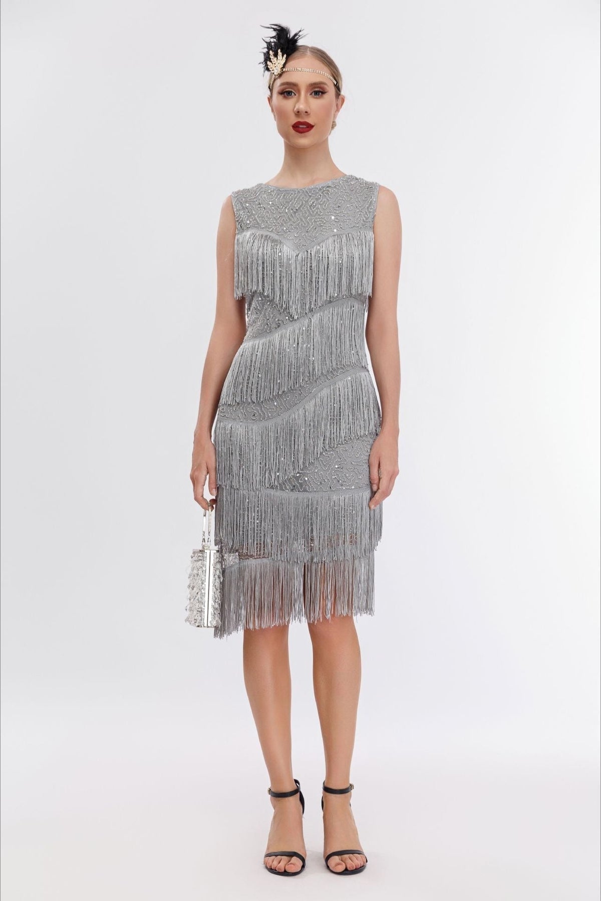 Sequin Beaded Tiered Fringe Sleeveless Shift Mini Cocktail Dress - View 6