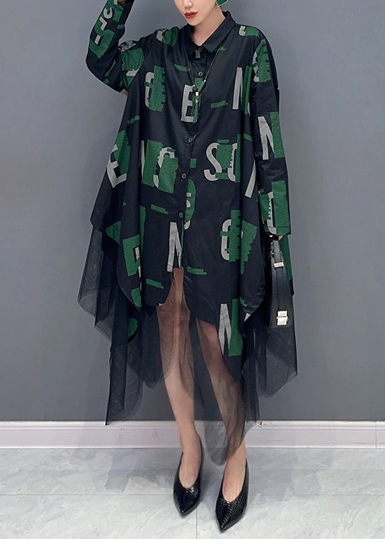 Letter Print Collared Button Down Long Sleeve Tulle Shirt Dress - View 2