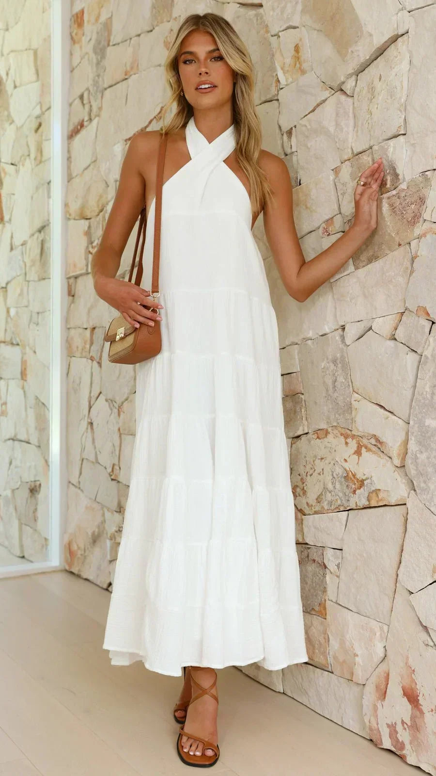 Halter Neck Tiered Crinkle Texture A-Line Maxi Summer Dress - View 2