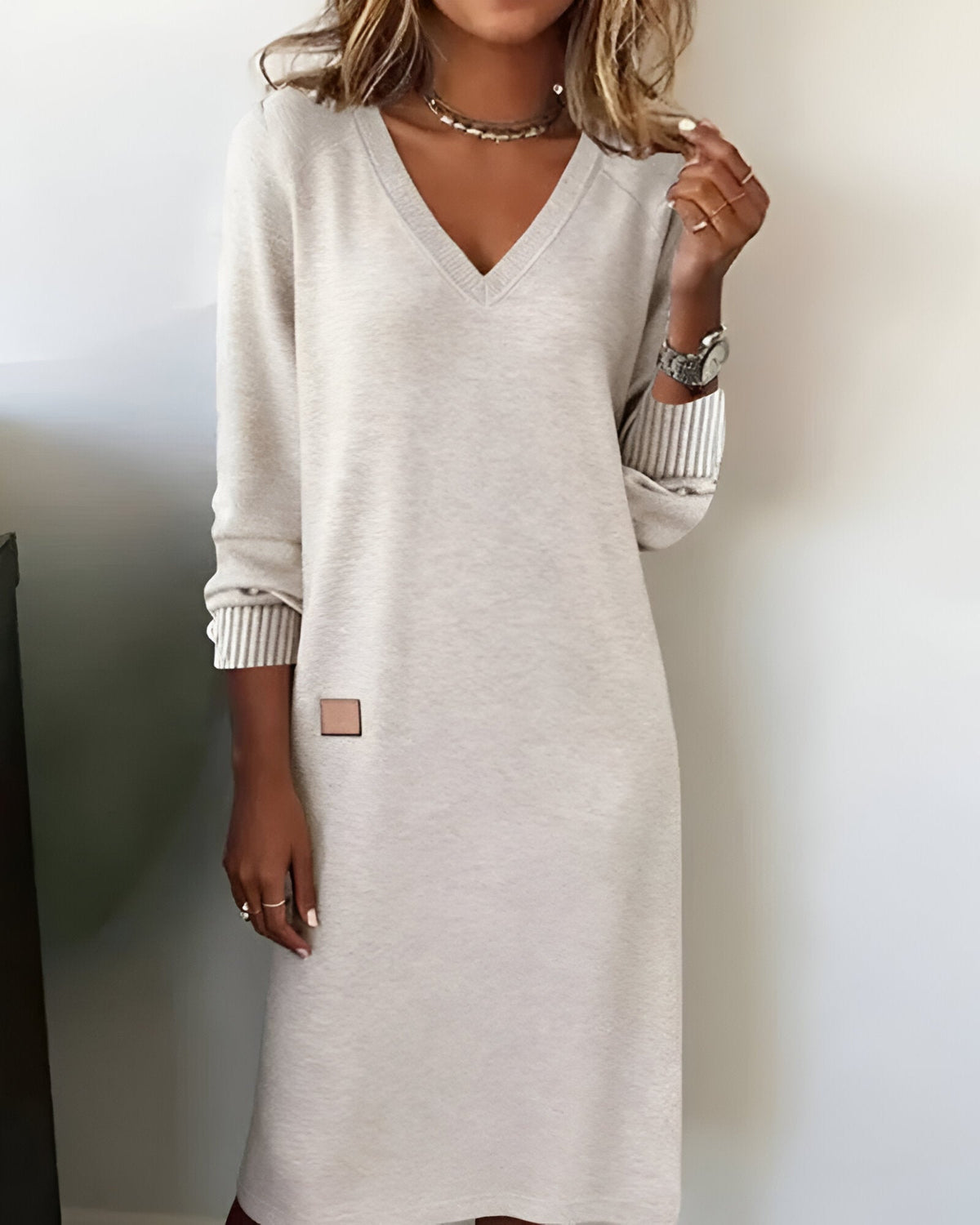 V-Neck Long Sleeve Ribbed Cuff Sweatshirt Mini Dress 2