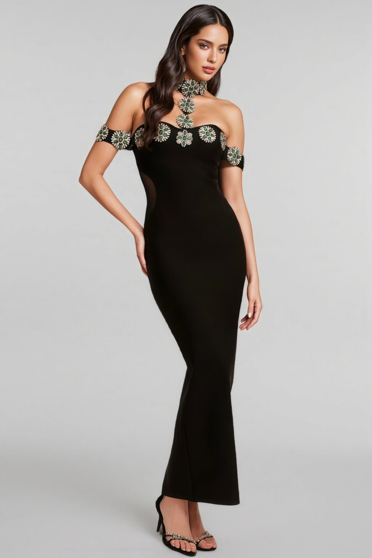 Crystal Embellished Off Shoulder Choker Neck Mesh Maxi Gown - View 2