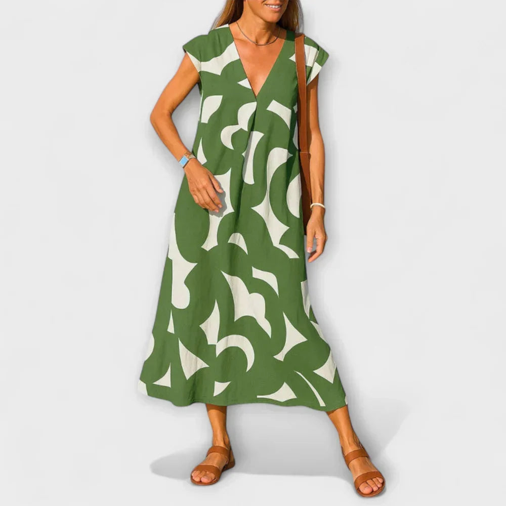 Geometric Print Deep V-Neck Cap Sleeve A-Line Midi Dress 4