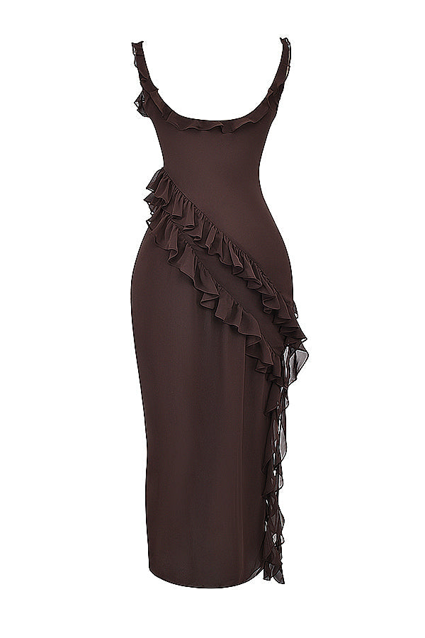 Chiffon Square Neck Ruffle Strap High Split Maxi Gown 33