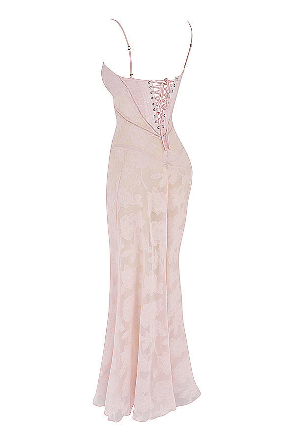 Floral Lace Spaghetti Strap Corset Bodice Sheer Mesh Maxi Gown - View 10