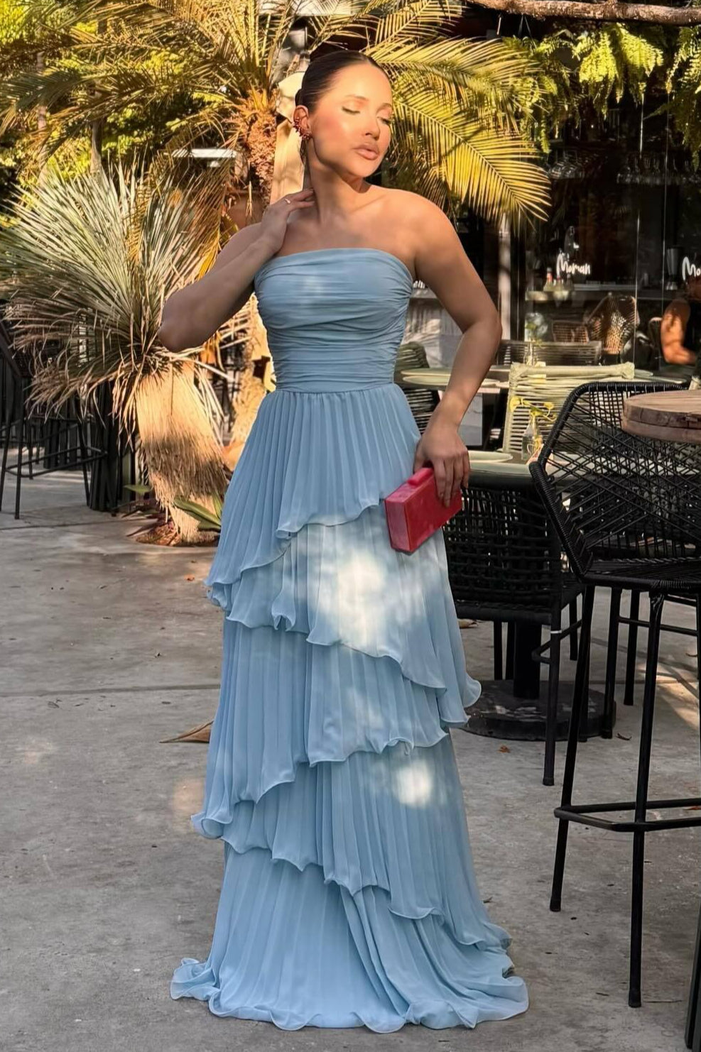 Strapless Ruched Tiered Pleated Chiffon Maxi Prom Dress - View 3