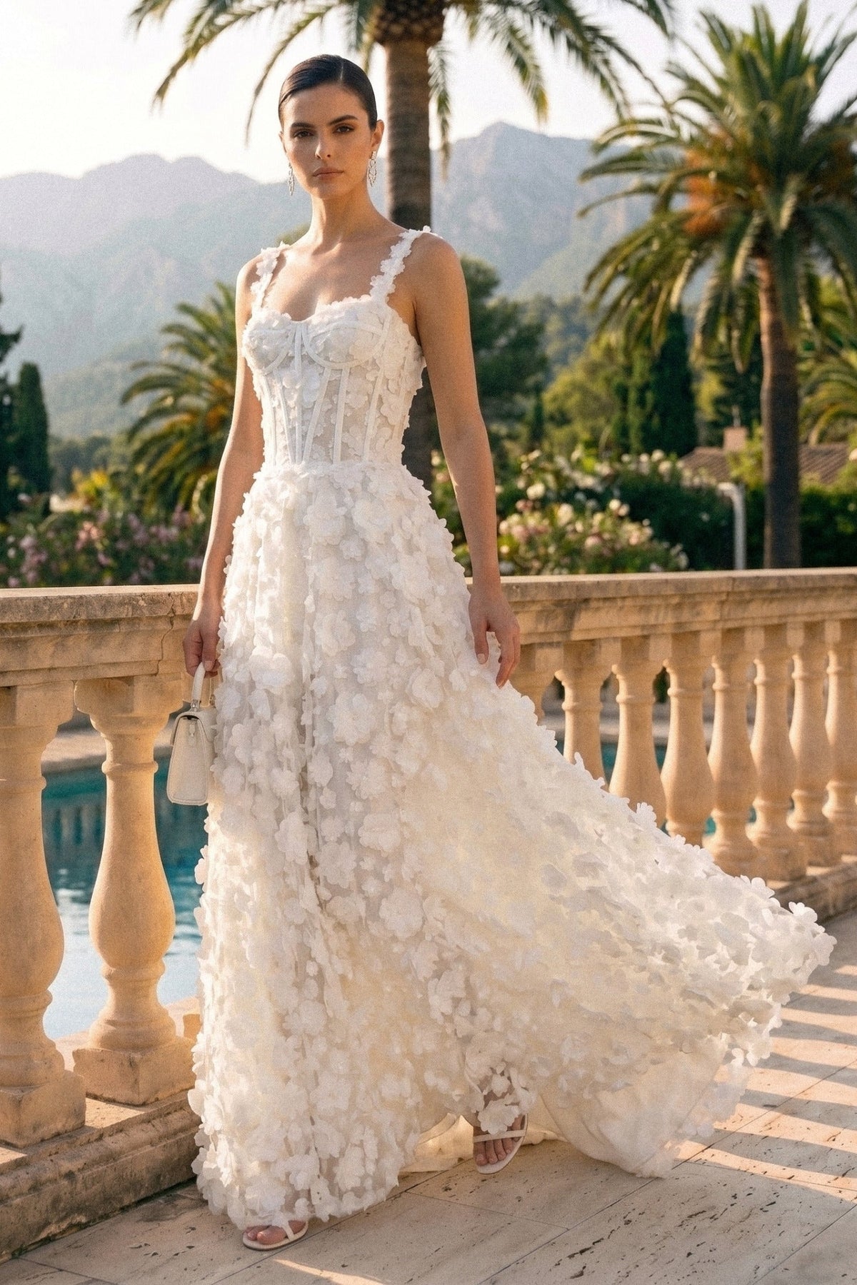 Floral Appliqué Maxi Dress With Corset Bodice - White - View 5