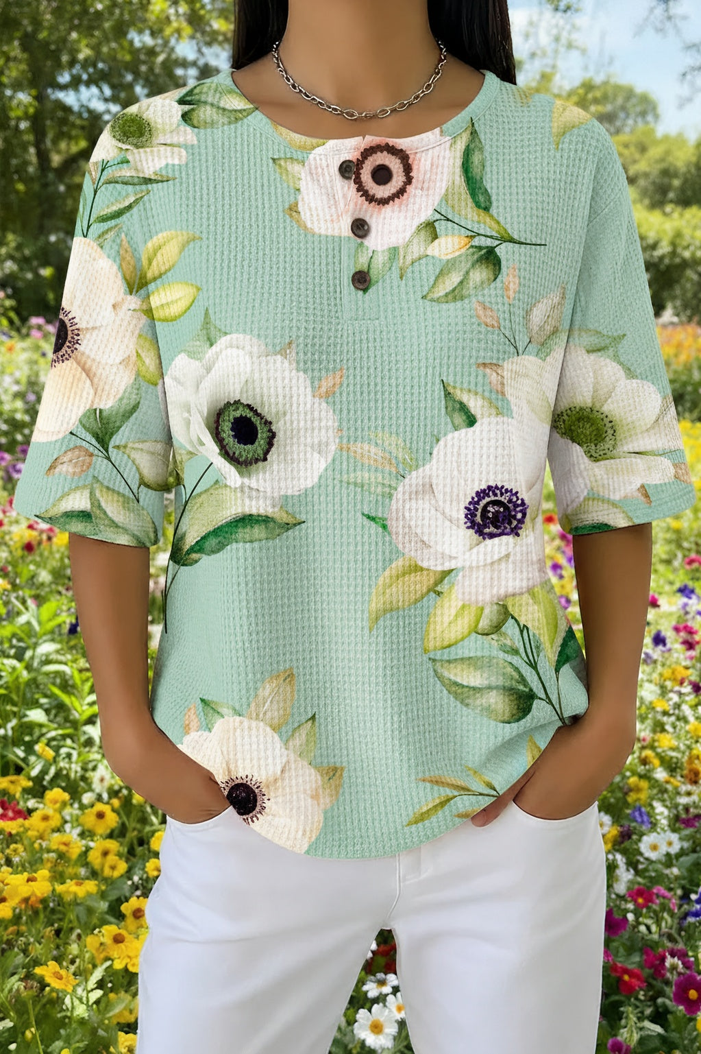Floral Waffle Knit Henley Short Sleeve Top