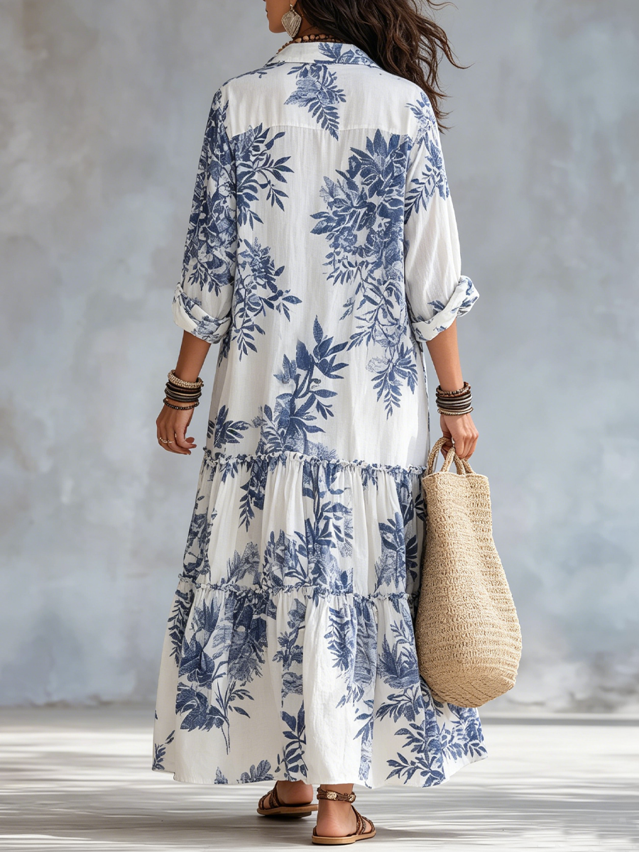 Floral Print Collared Button Front Tiered Maxi Dress 3