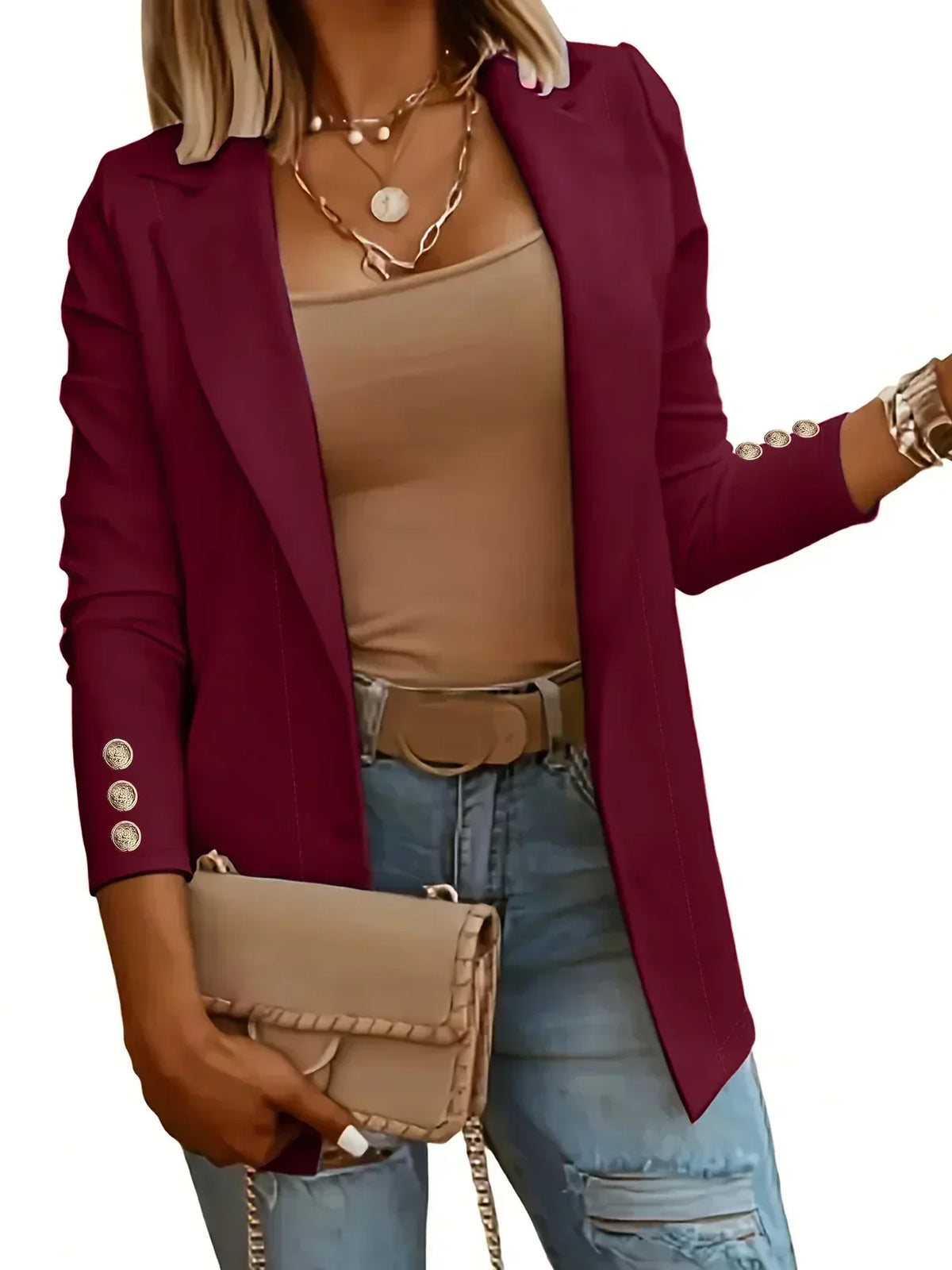 Notch Lapel Button Cuff Open Front Blazer 7