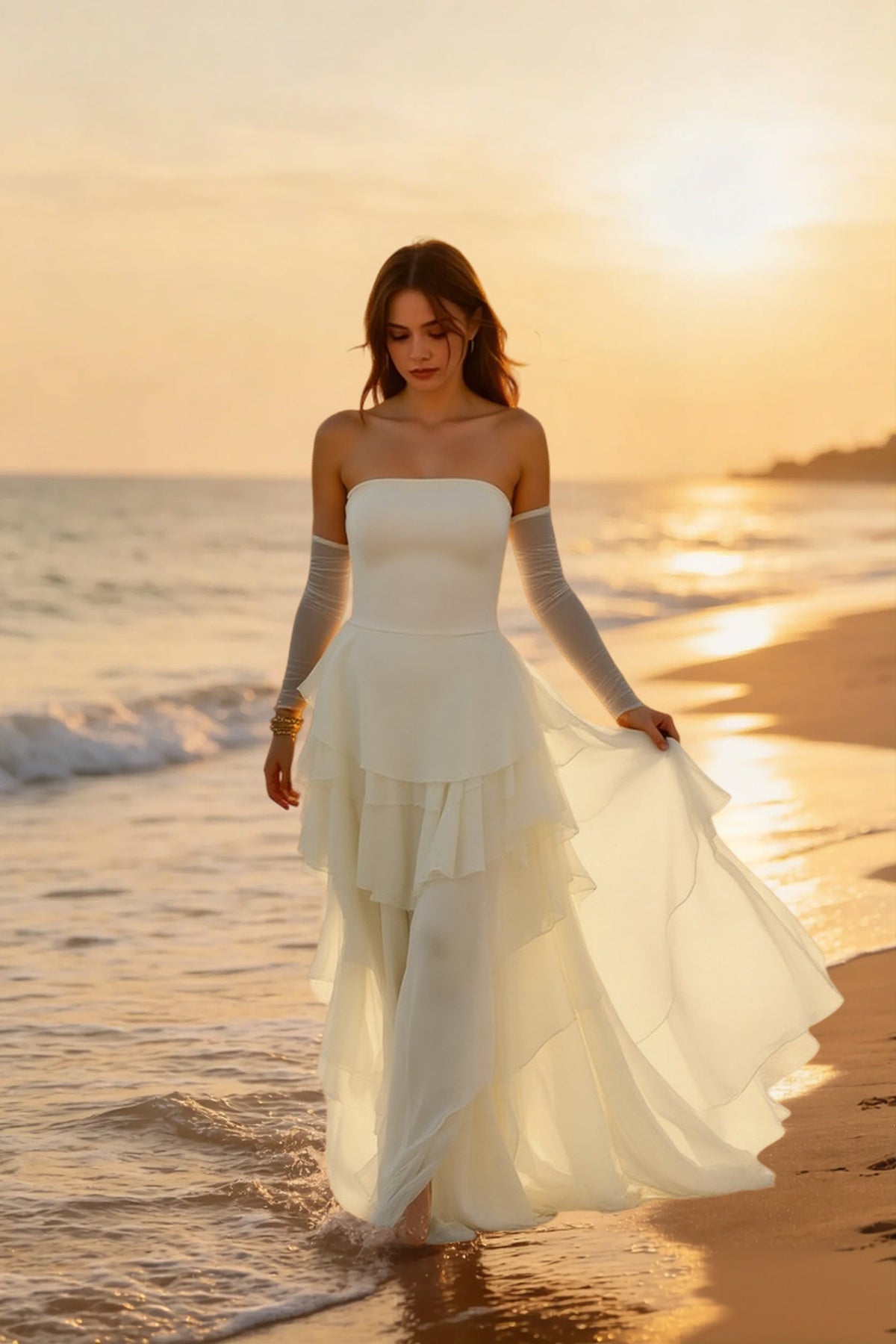 Chiffon Strapless Tiered Ruffle A-Line Maxi Prom Dress