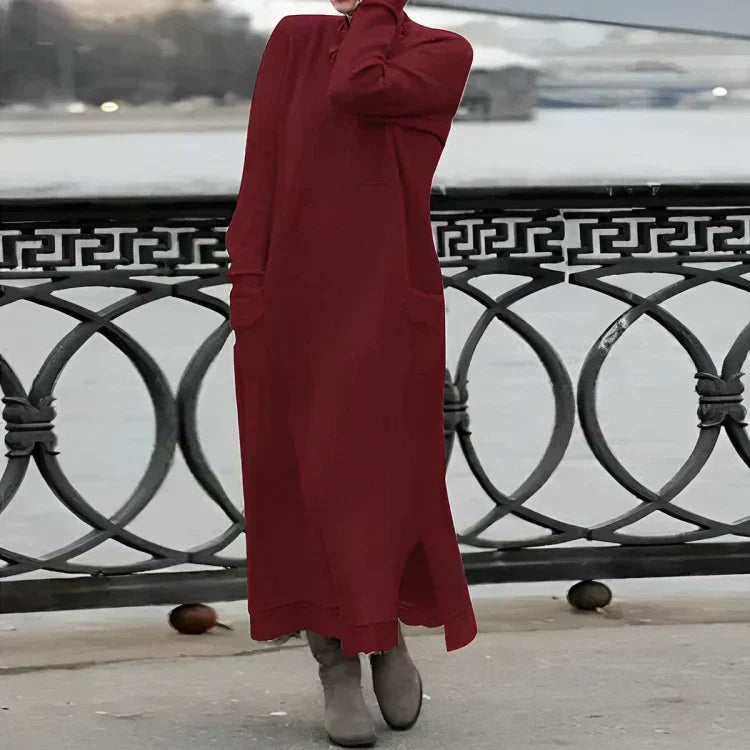 Knit Cowl Neck Long Sleeve Patch Pocket Side Slit Maxi Dress - View 3